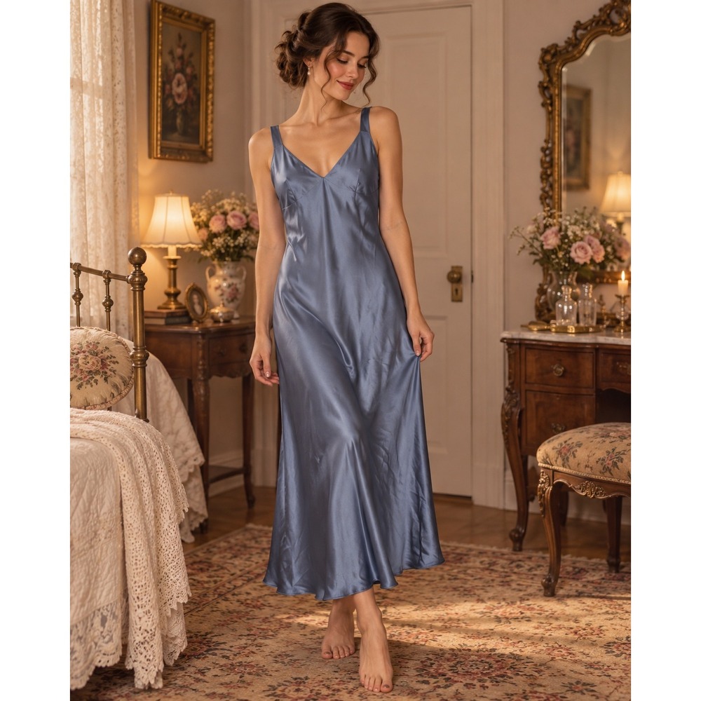Victoria's Secret Dusty Blue Satin V-Neck Midi Slip Dress Small Cross Back